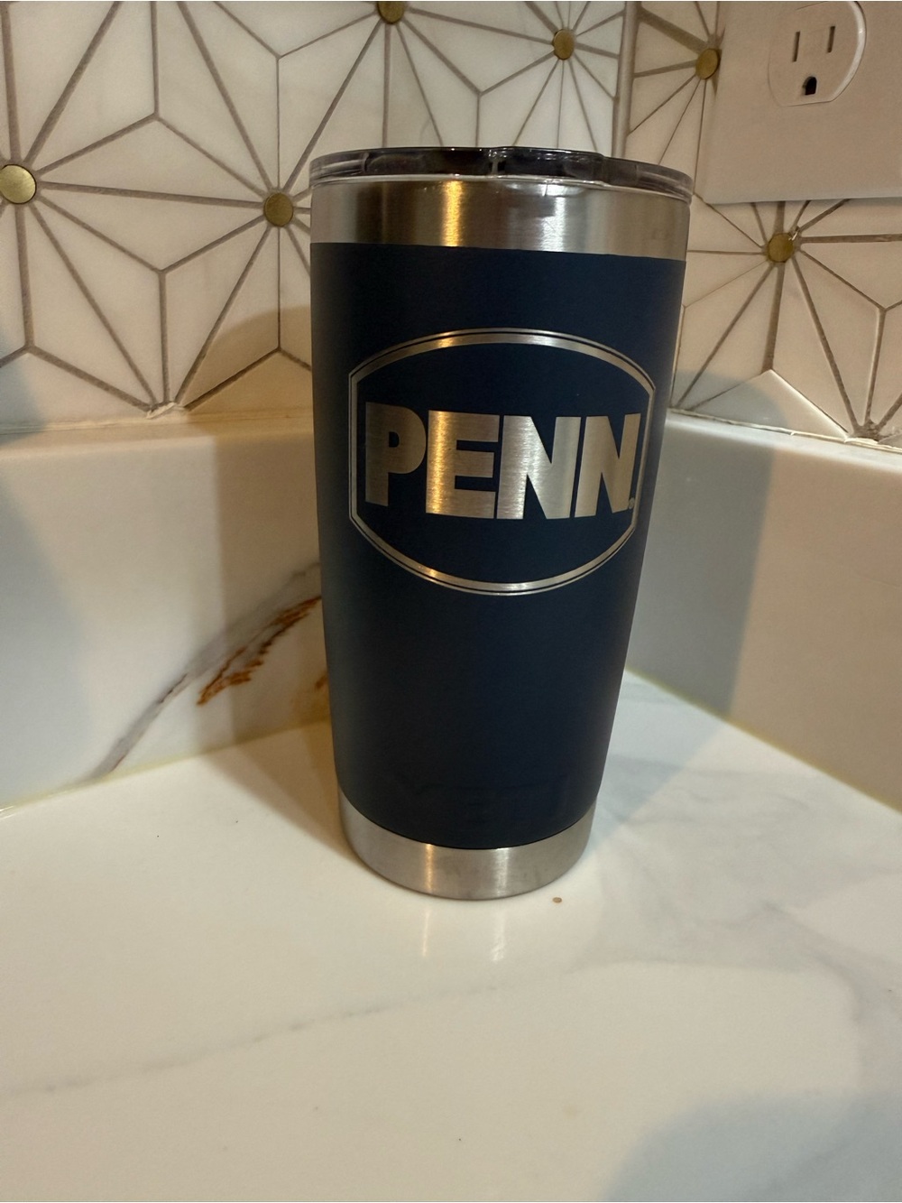 Yeti PENN Fishing Navy Blue Tumbler with Silver Emblem